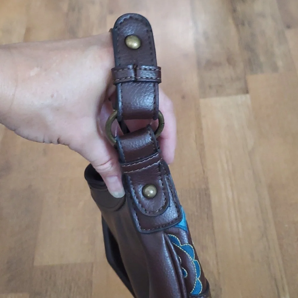 Vintage Brown Hobo Purse with‎ Turquoise Floral Embroidered Cutouts and Studs